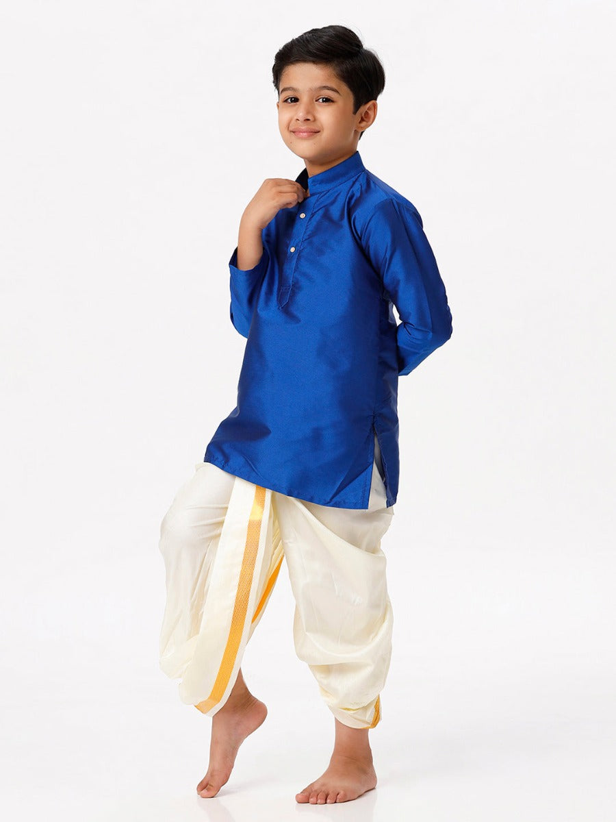 Boys Silk Cotton Full Sleeves Royal Blue Kurta with Panchakacham Combo-Side view