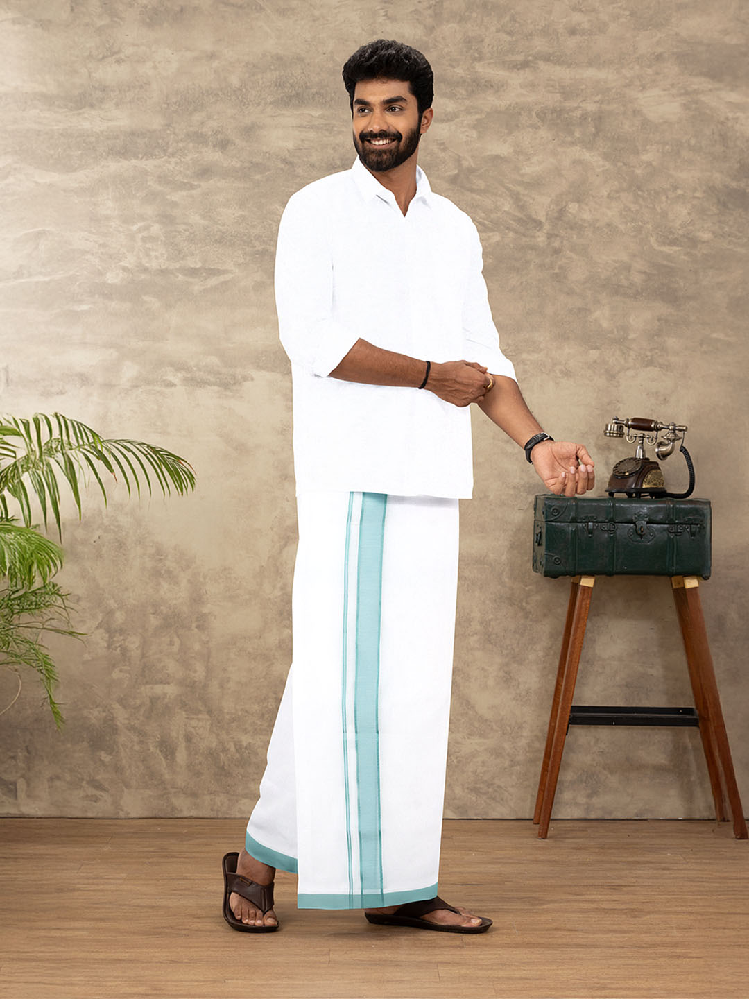 Men 100% Cotton Double Layer White Dhoti with Fancy Border RFP06