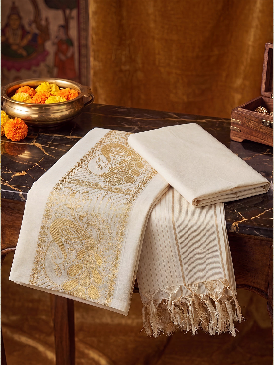 Women Kerala Style Cream Embroidered Cotton Dress Material DM362