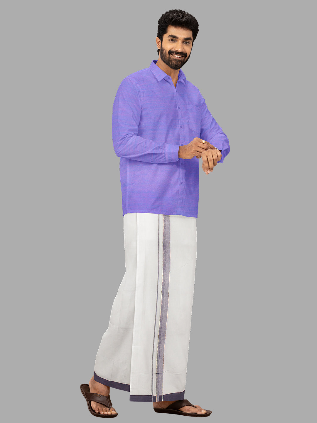 Men Purple Fancy Jari Border Single Dhoti HJF01