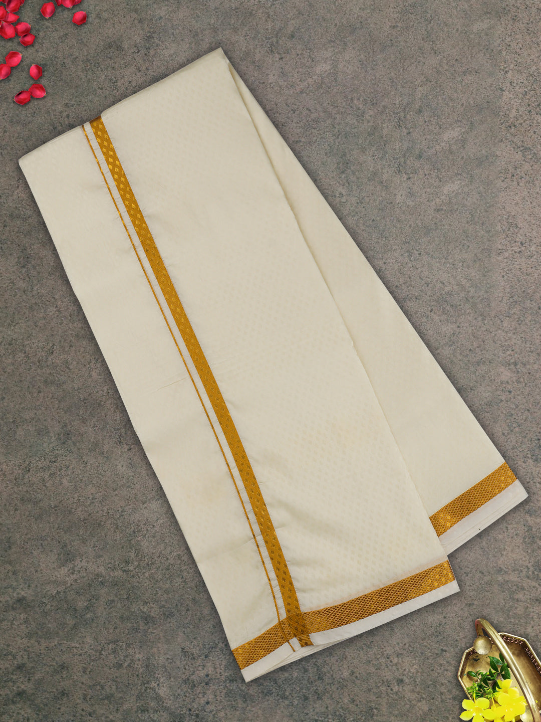 Men Gold Border Double Dhoti & Towel Set Ishwaryam Embose