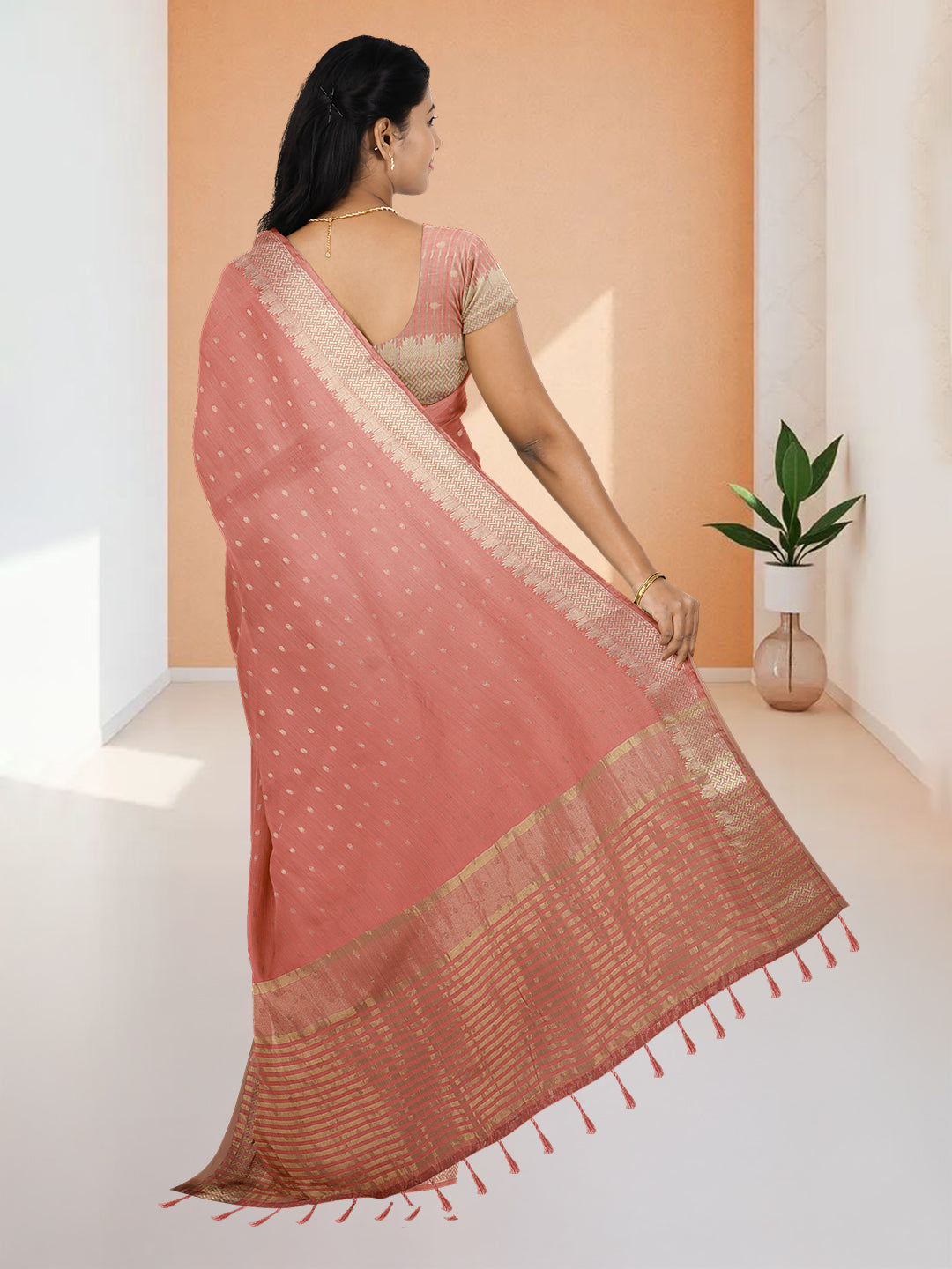 Women Orange Cotton Weaving Saree PCS188