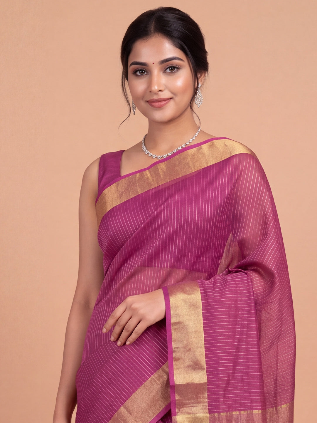 Women Semi Tussar Purple Striped Saree ST362