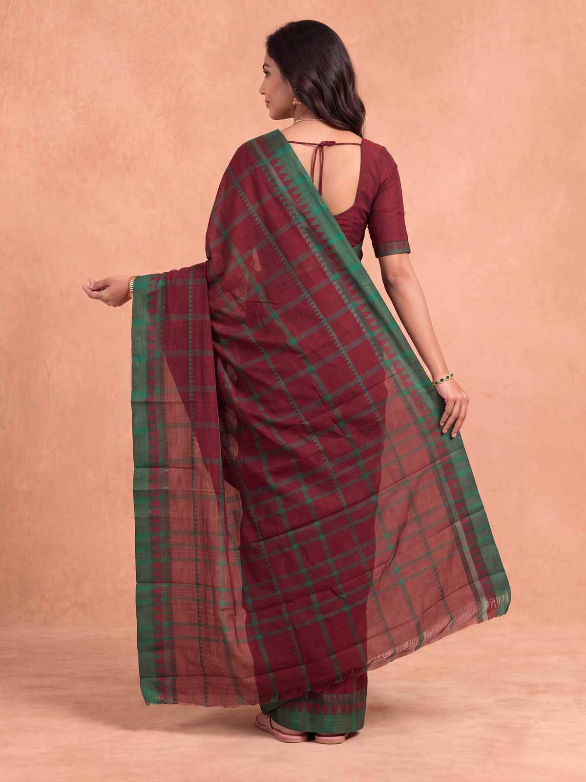 Women Chettinad Cotton Maroon with Green Saree CCS18