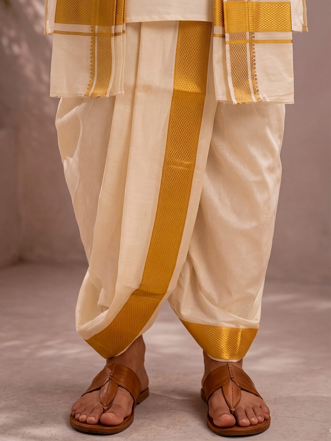 Premium Pure Silk Hand Embroidered Customized Small Floral Motif Zari Work Kurta Panchakacham with Angavastram | Mangala Deepam