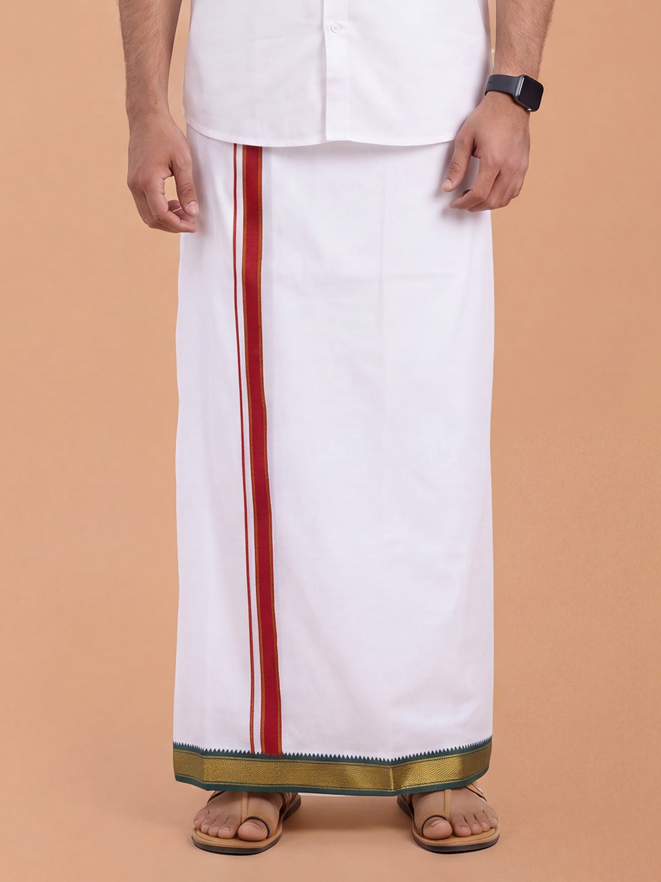 Double Layer 100% Cotton White Dhoti with Mayilkhan Border - Thavasi 4m
