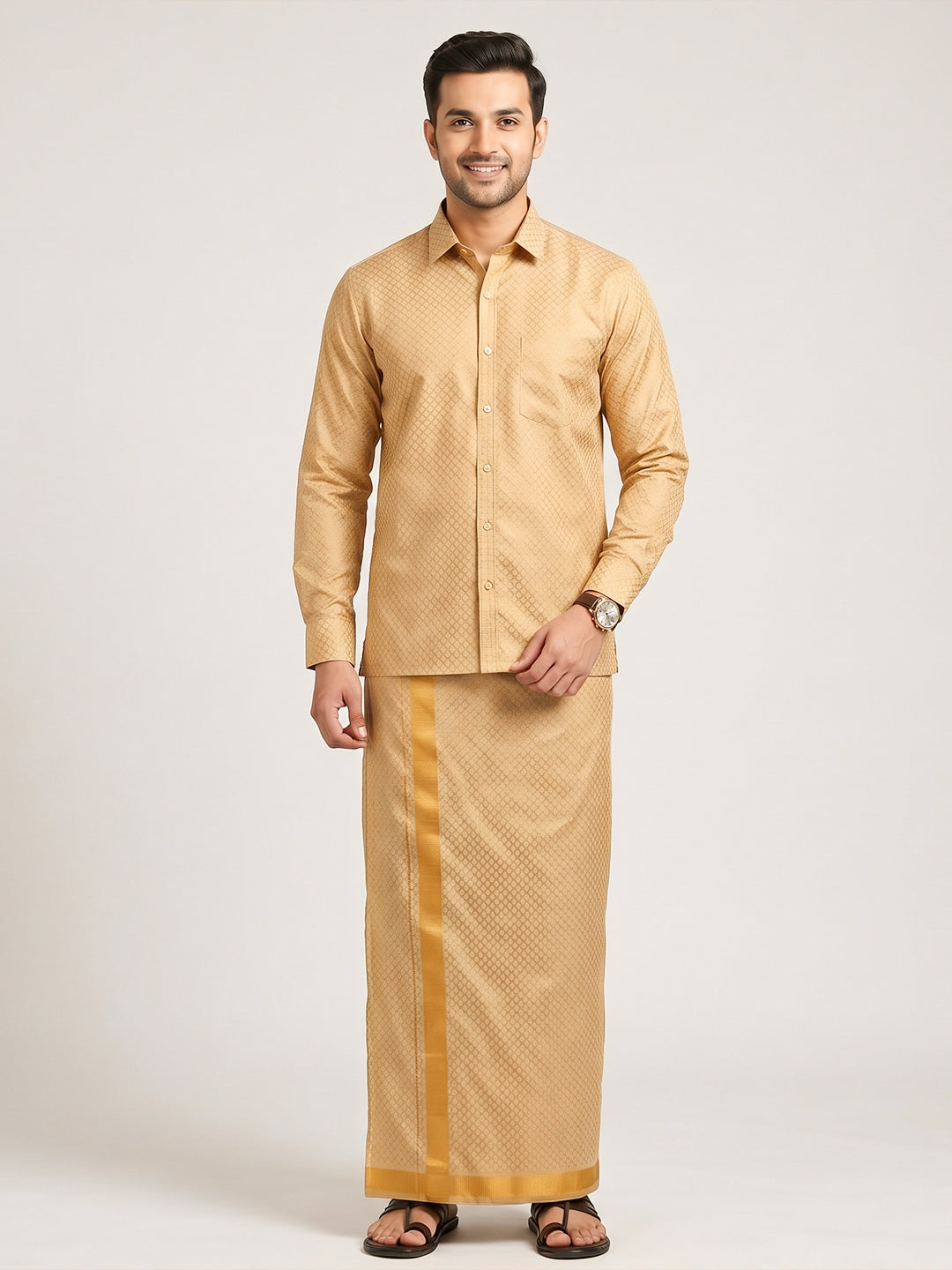 Couple Combo Gold Shirt & Dhoti Set with Saree KLS47