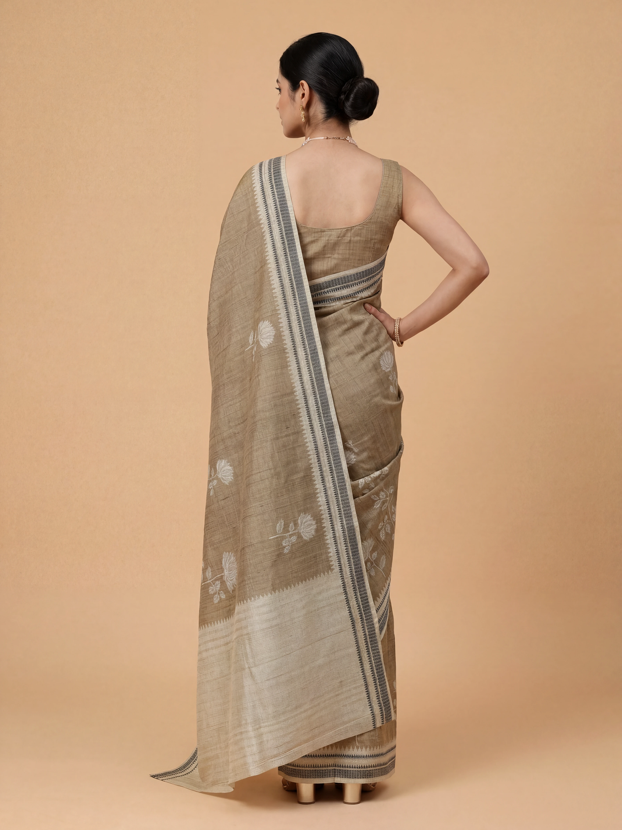 Women Semi Tussar Printed Olive Green Saree ST342