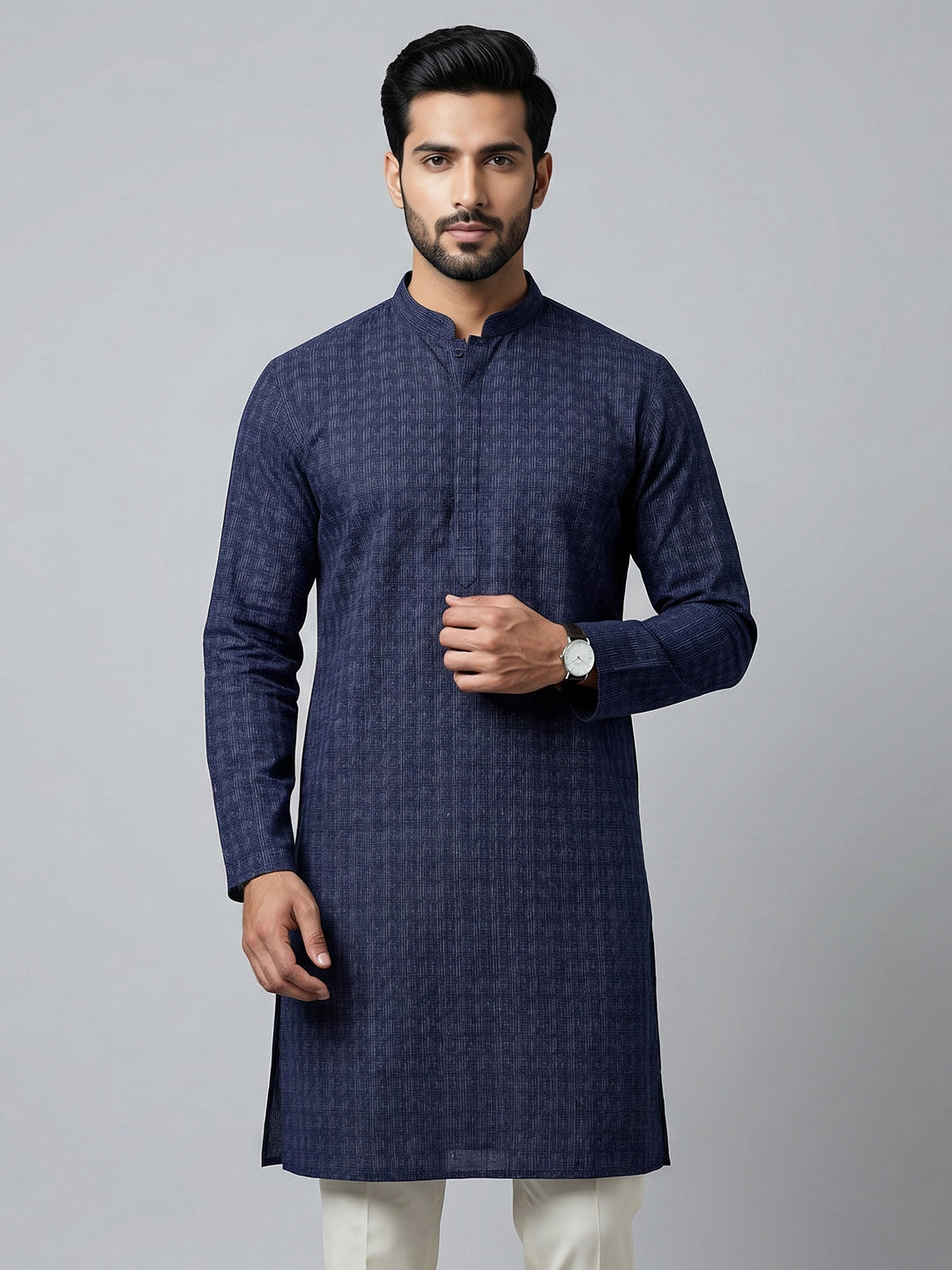 Men Cotton Medium Length Printed Pocket Kurta Dark Blue RN48