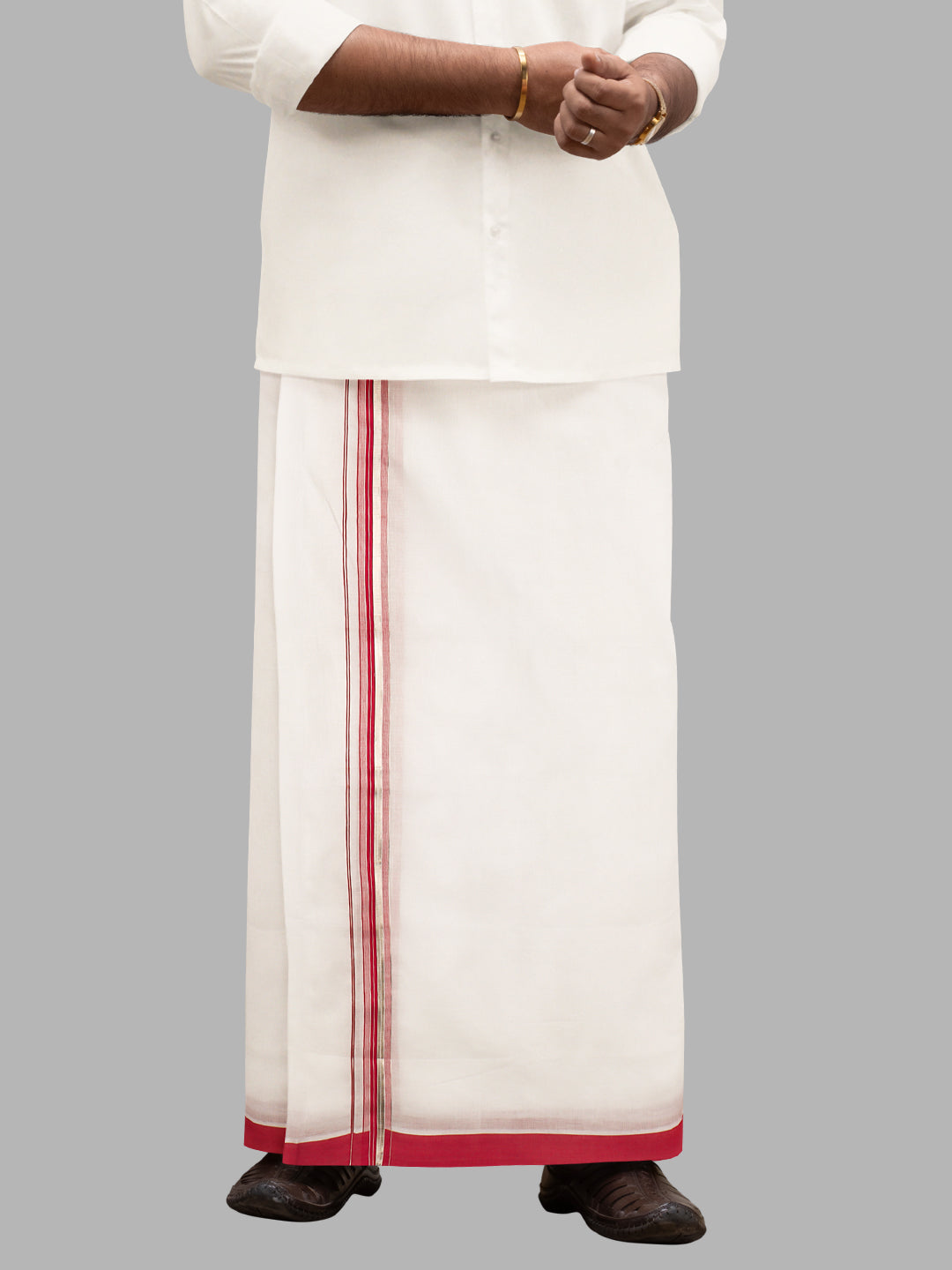 Men Red Fancy Jari Border Double Layer White Dhoti RG03