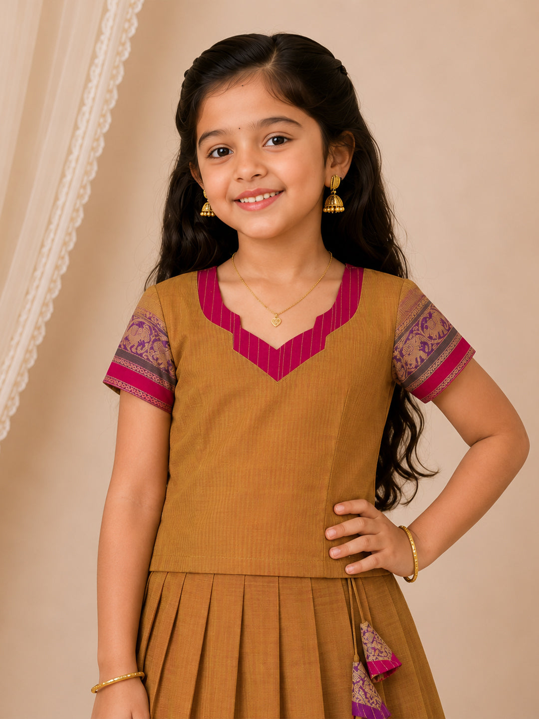 Girls Cotton Mustard with Pink Pattu Pavadai Set GPS59