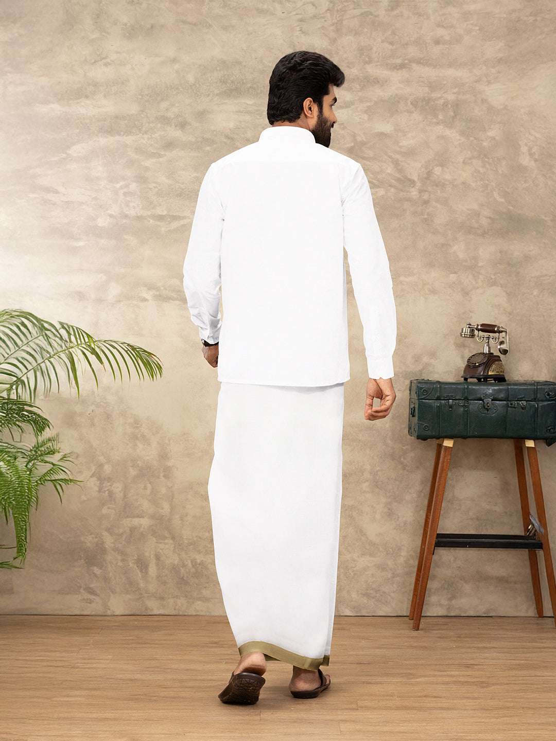 Men 100% Cotton Double Layer White Dhoti with Fancy Jari Border RSF07