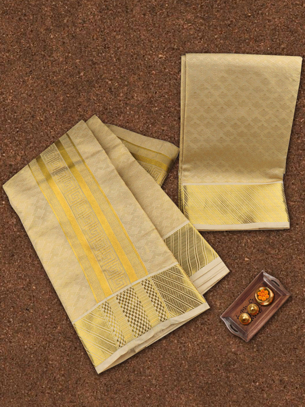 Men Art Silk Jari Dhoti & Shirting Set Gold Brahmotsavam B12(3*1)