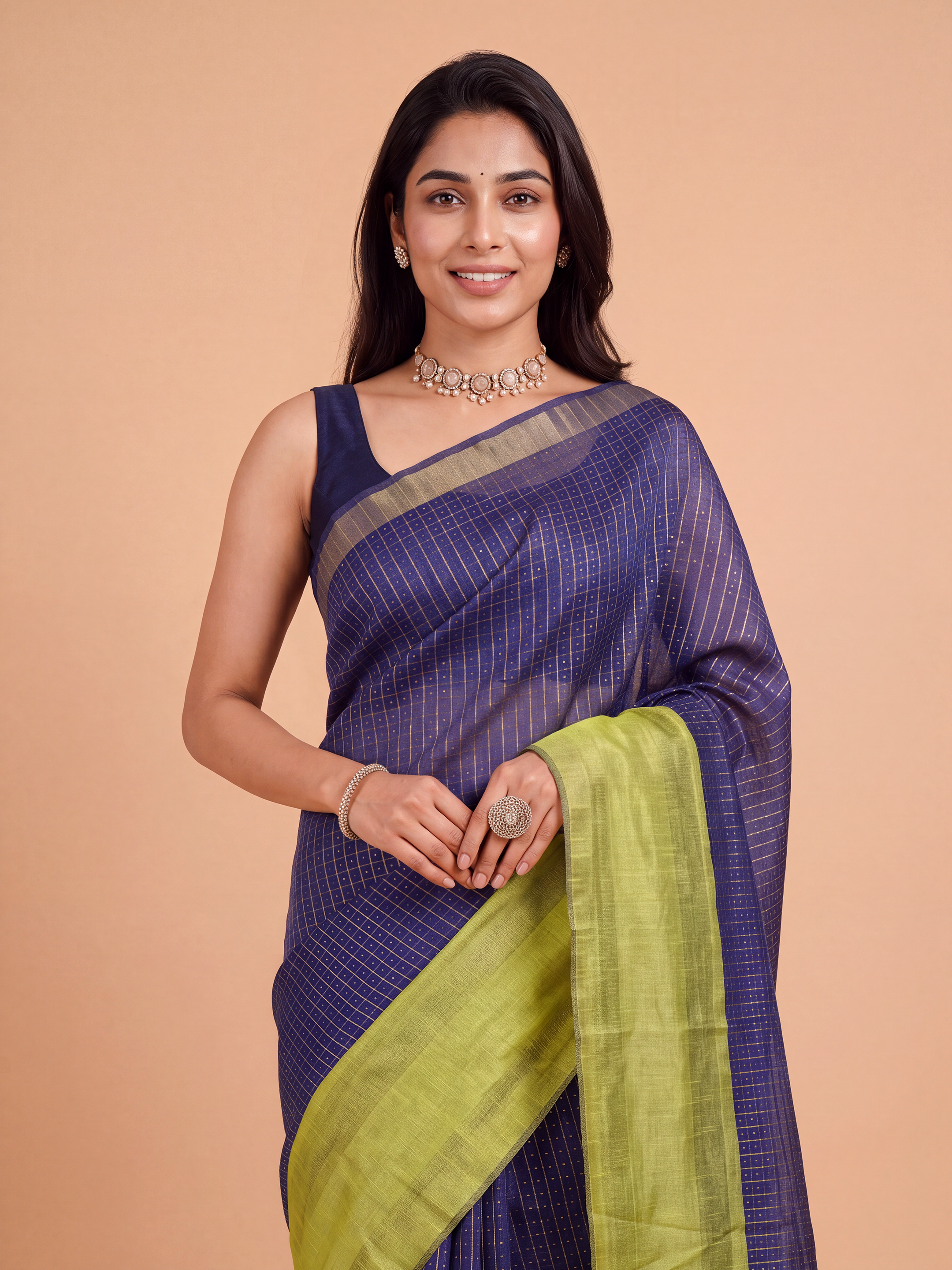 Women Semi Linen Dark Blue Checked Fancy Saree SL262