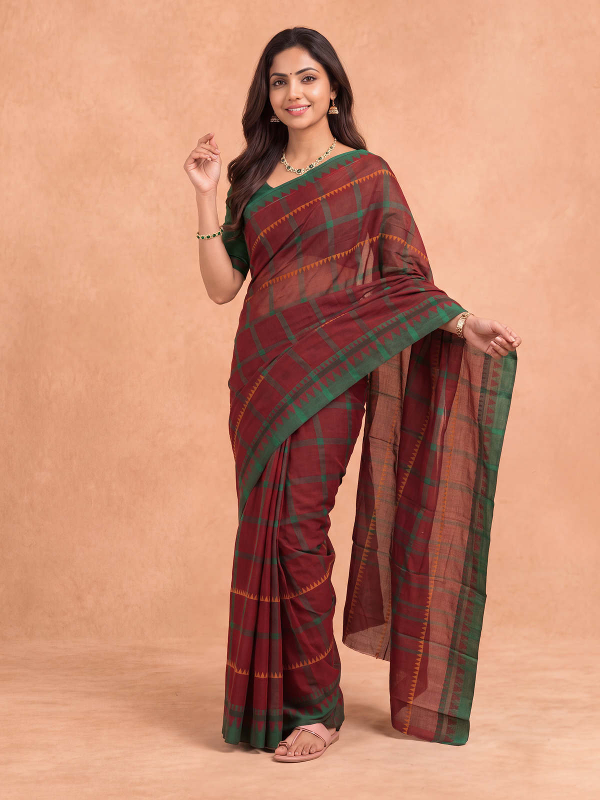 Women Chettinad Cotton Maroon with Green Saree CCS16