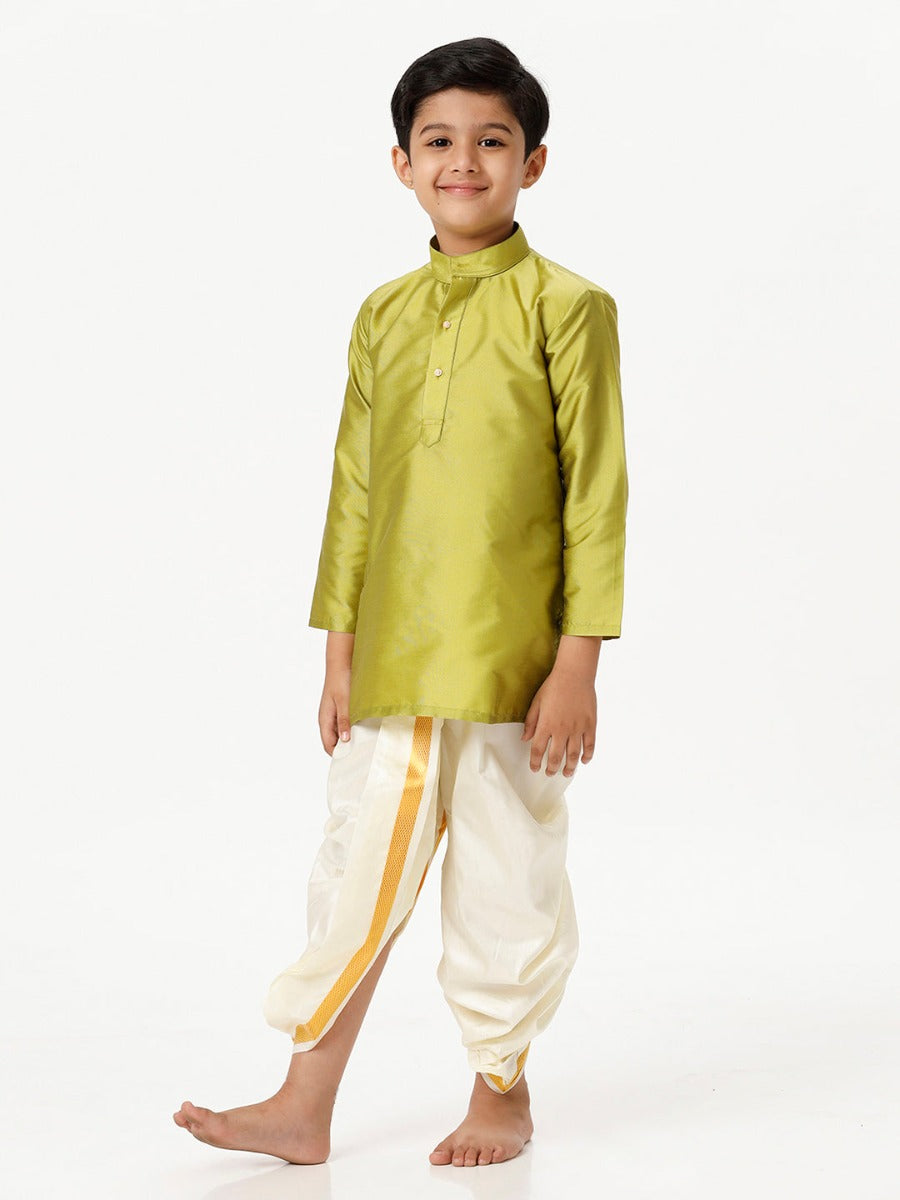 Boys Silk Cotton Full Sleeves Parrot Green Kurta with Panchakacham Combo-Front view