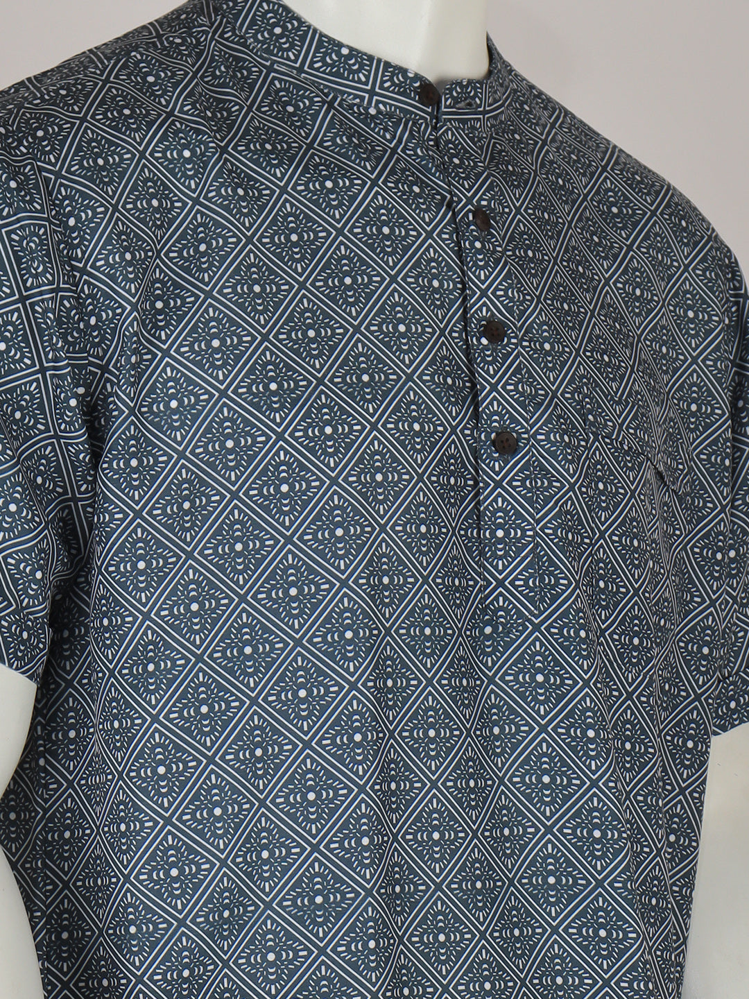 Men Cotton Short Length Printed Pocket Kurta Greyish Blue RH02