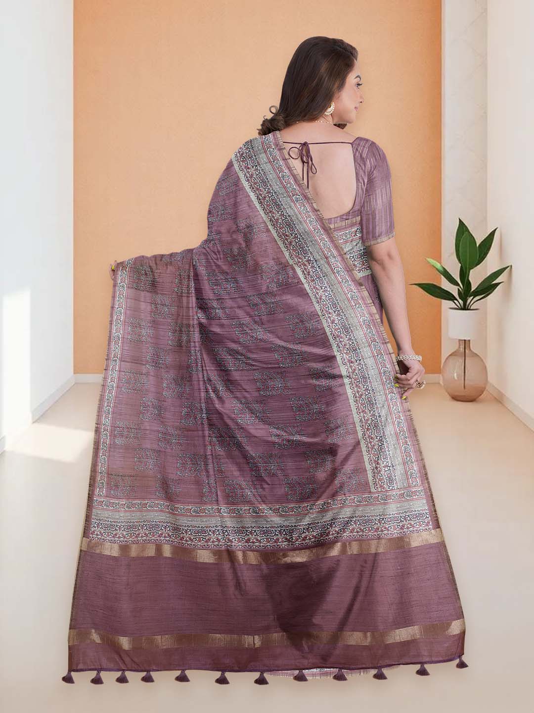 Women Purple Semi Tussar Printed Saree ST290