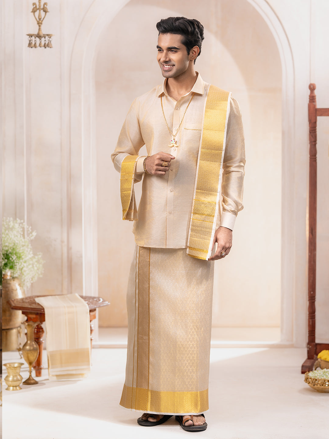 Pure Silk Embossed Tissue Jari Weaving Dhoti Shirting & Towel Set with 4" Jari Border – Rajahamsa