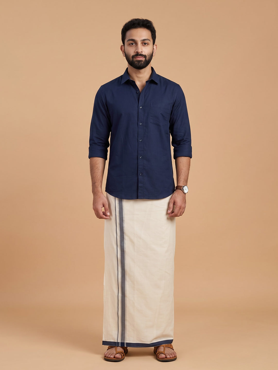 Double Layer 100% Cotton Cream Kora Dhoti with Colour Border - KJ02