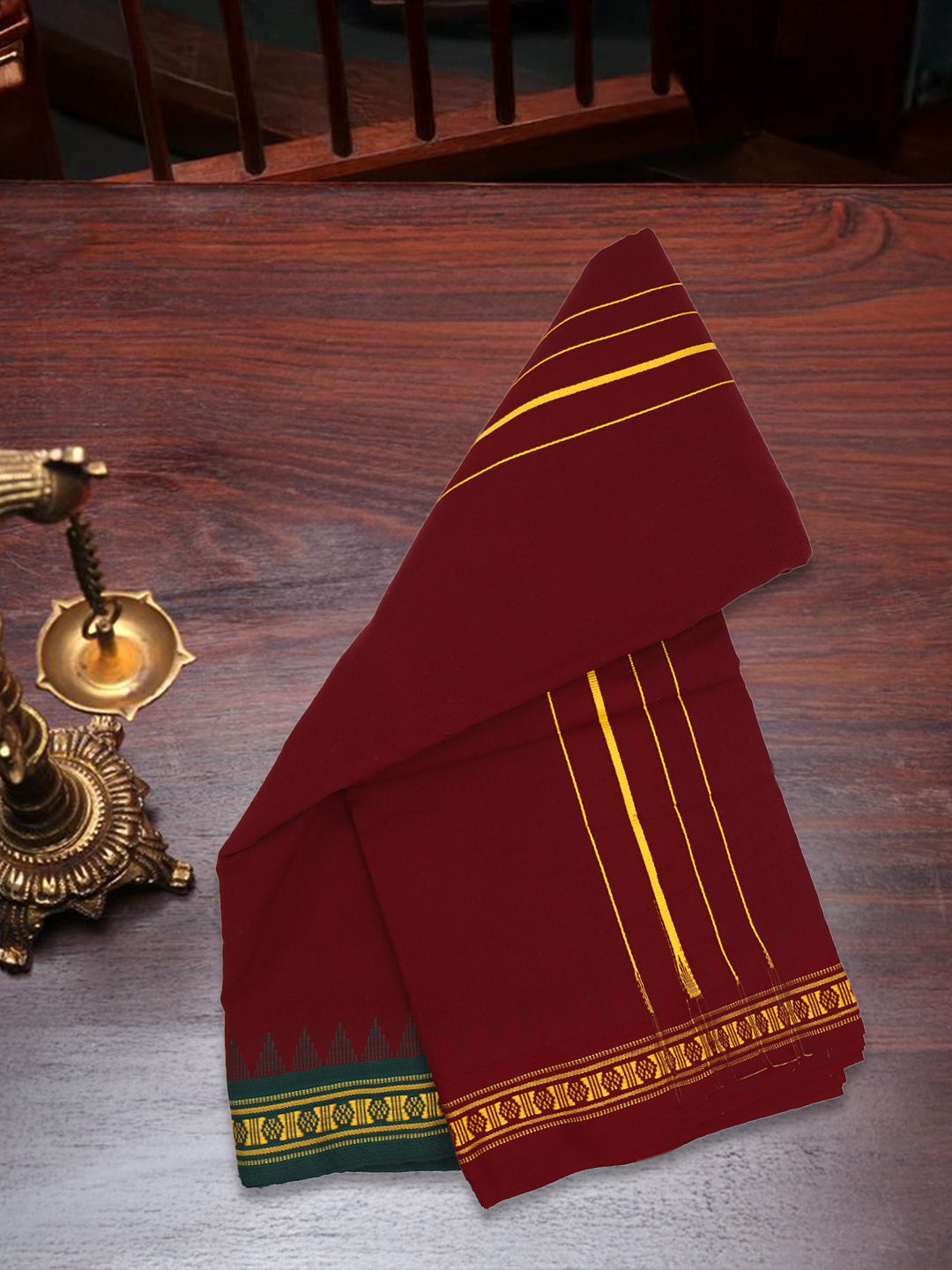 Men 100% Cotton Fancy Border Panchakacham with Angavasthram Maroon(9+5)