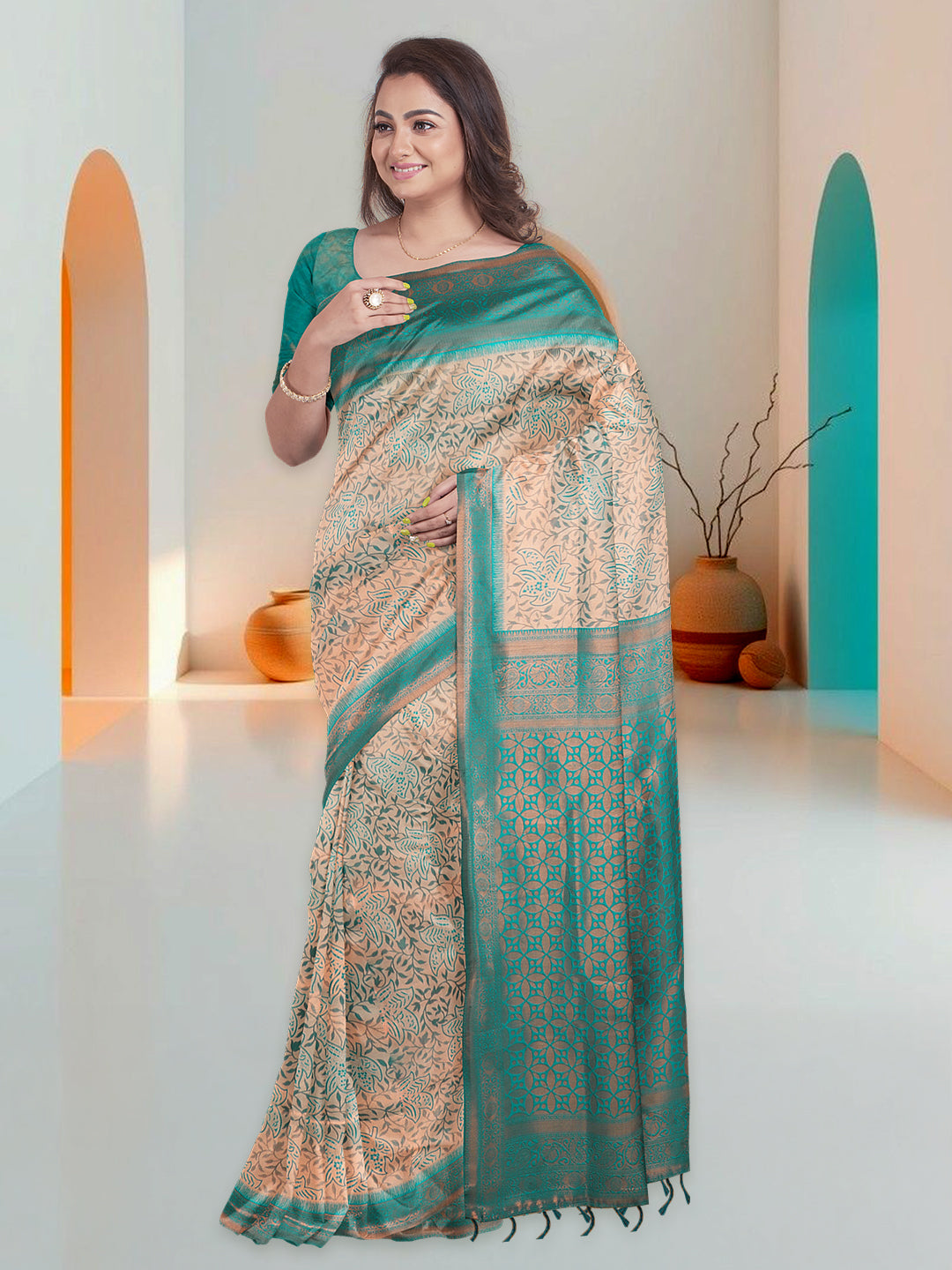 Women Sandal with Green Art Silk Printed Saree ASS56