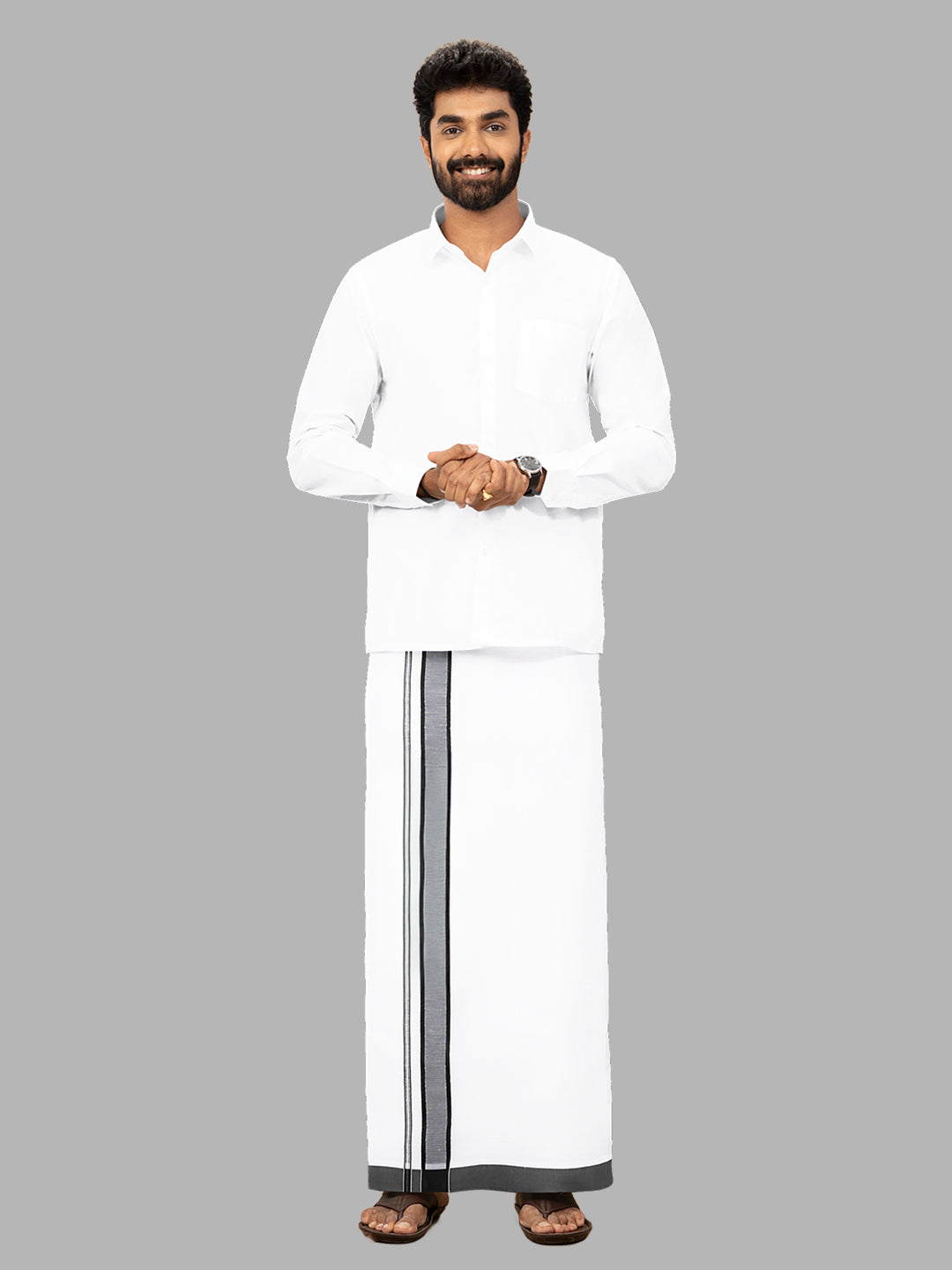 Men Black Border Double Layer White Dhoti Redfort Plain