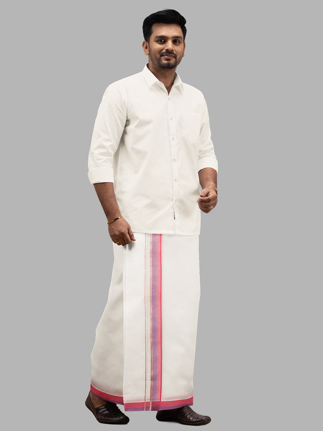 Men Pink Fancy Jari Border Double Layer White Dhoti PJF3