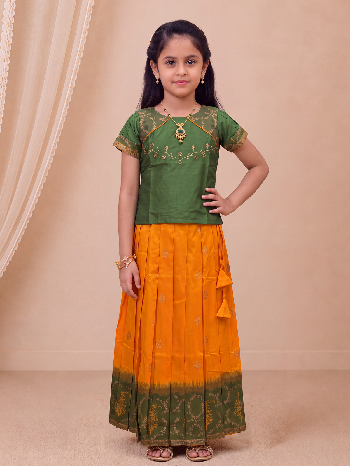 Girls Art Silk Green with Yellow Pattu Pavadai Set GPS79