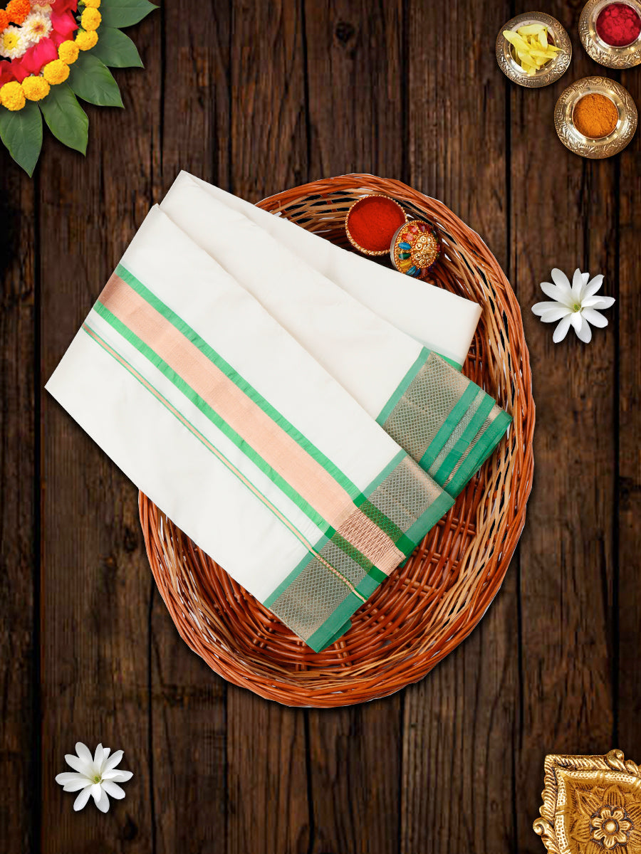 Premium Pure Silk White Dhoti with 1 1/2" Fancy Jari Border Upasana