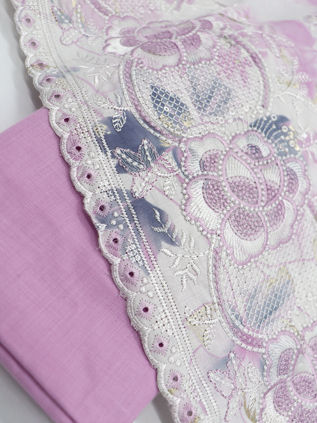 Women Cotton Embroidered Dress Material White with Violet DM360