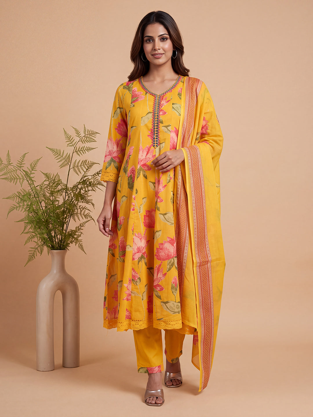 Women Embroidered & Printed Yellow Kurti Set EKS146