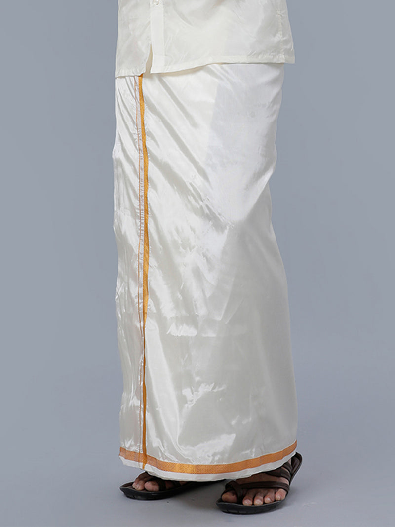 Mens Art Silk Cream Double Dhoti with Gold Jari Border Kara Yoga 60k