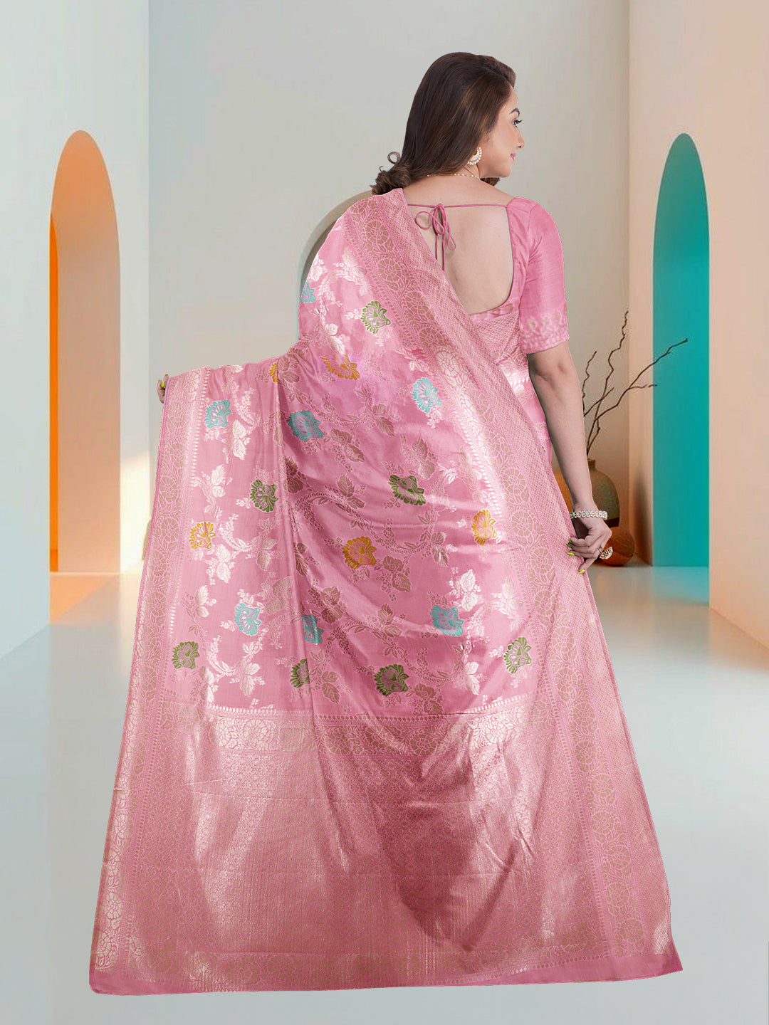 Women Pink Art Silk Printed Saree ASS77