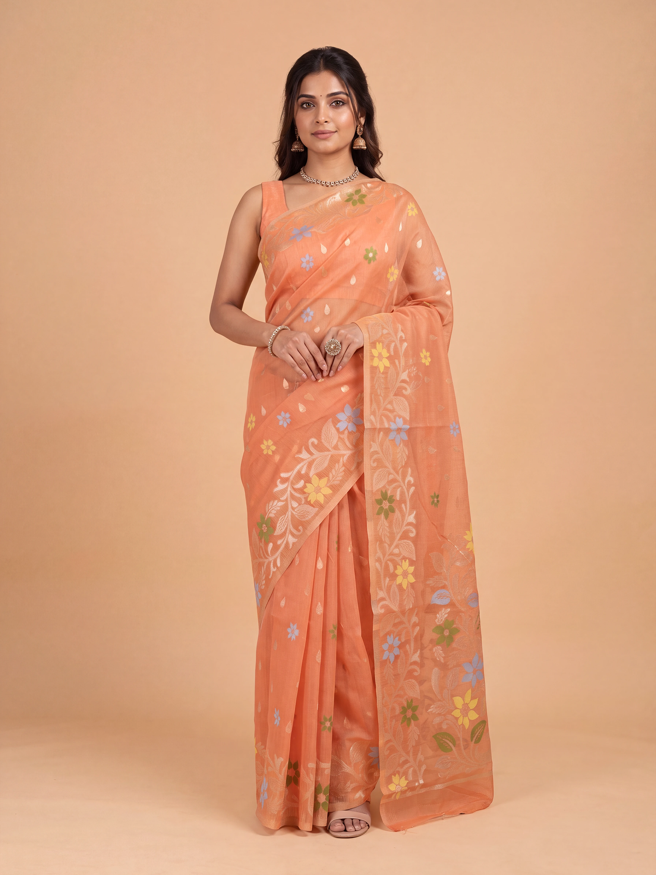 Women Orange Spun Poly Printed Saree SP13