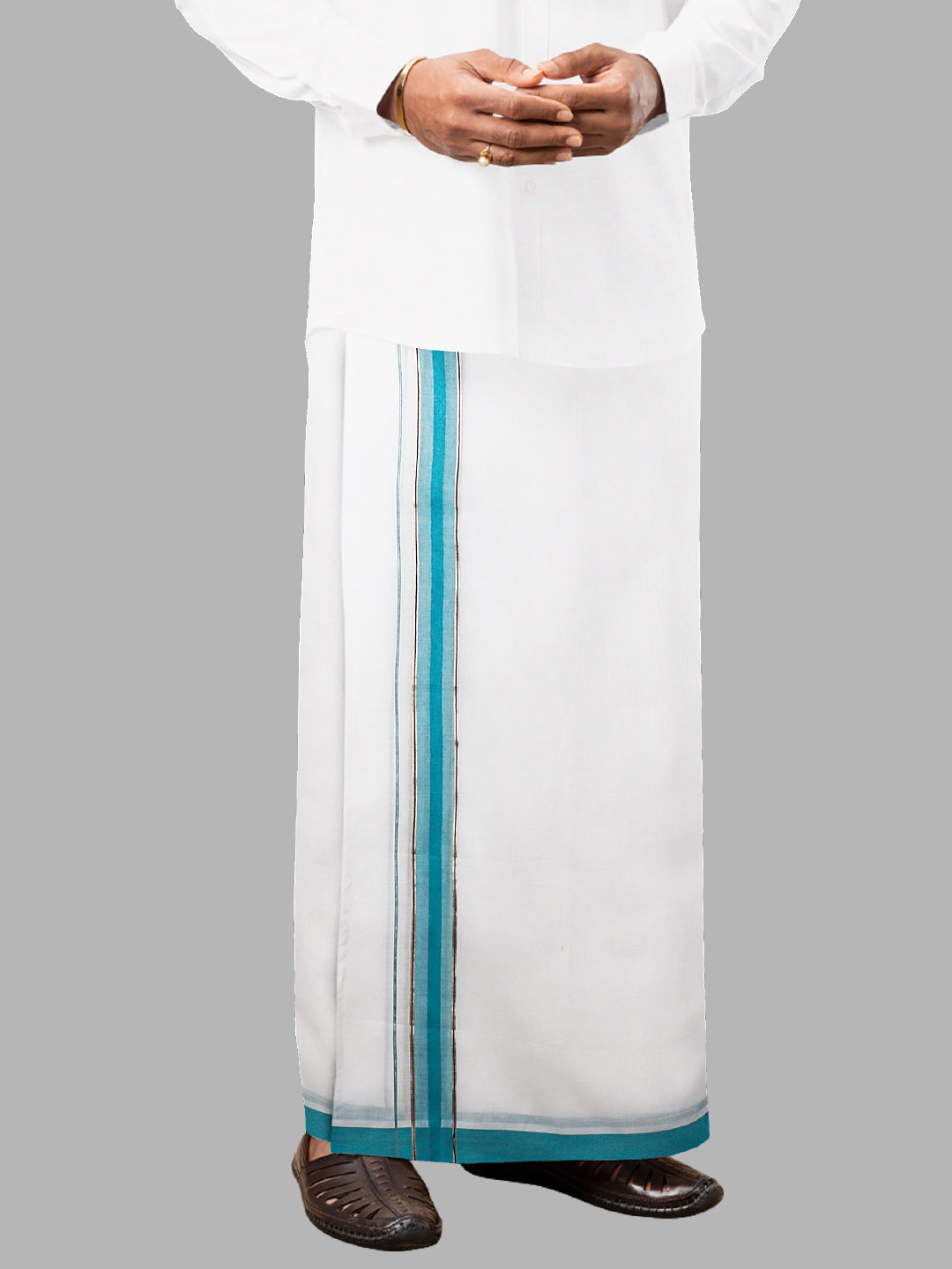 Men Blue Fancy Jari Border Double Layer White Dhoti PJF1