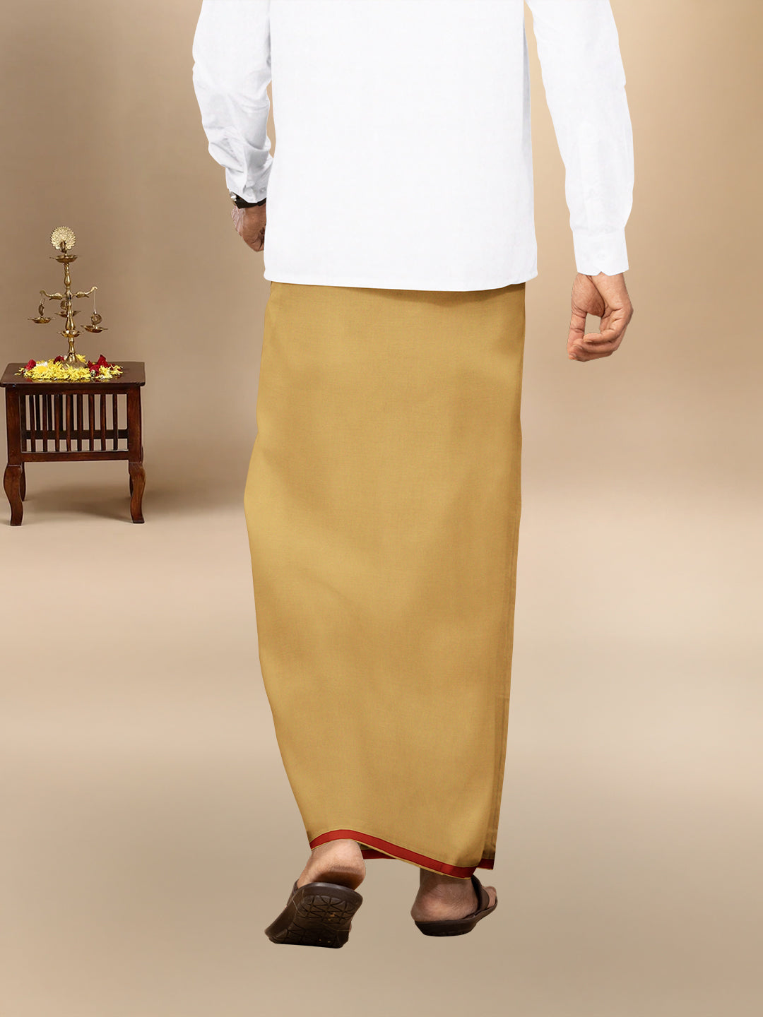 Men 100% Cotton Single Layer Kakki Dhoti with Big Border Poojan