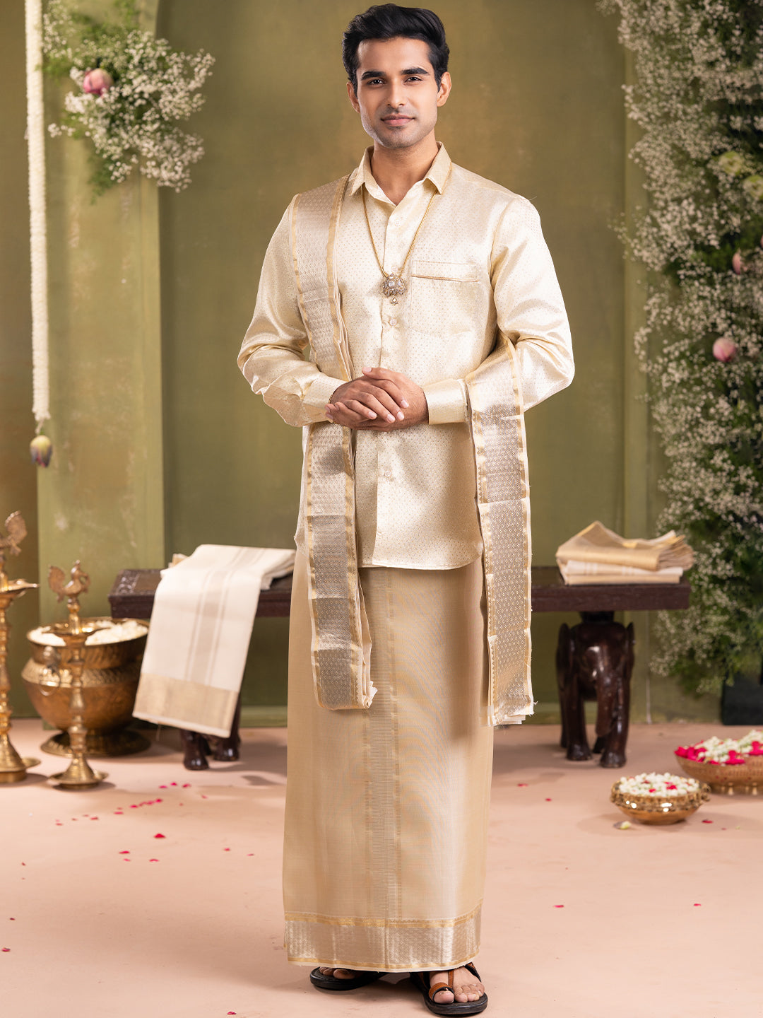 Pure Silk 4" Fawn Wedding Dhoti & Towel Set – Amirtham Gold-Silver Peacock Design