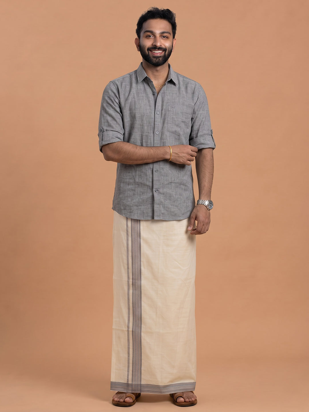 Double Layer 100% Cotton Cream Kora Dhoti with Colour Border - RKF06