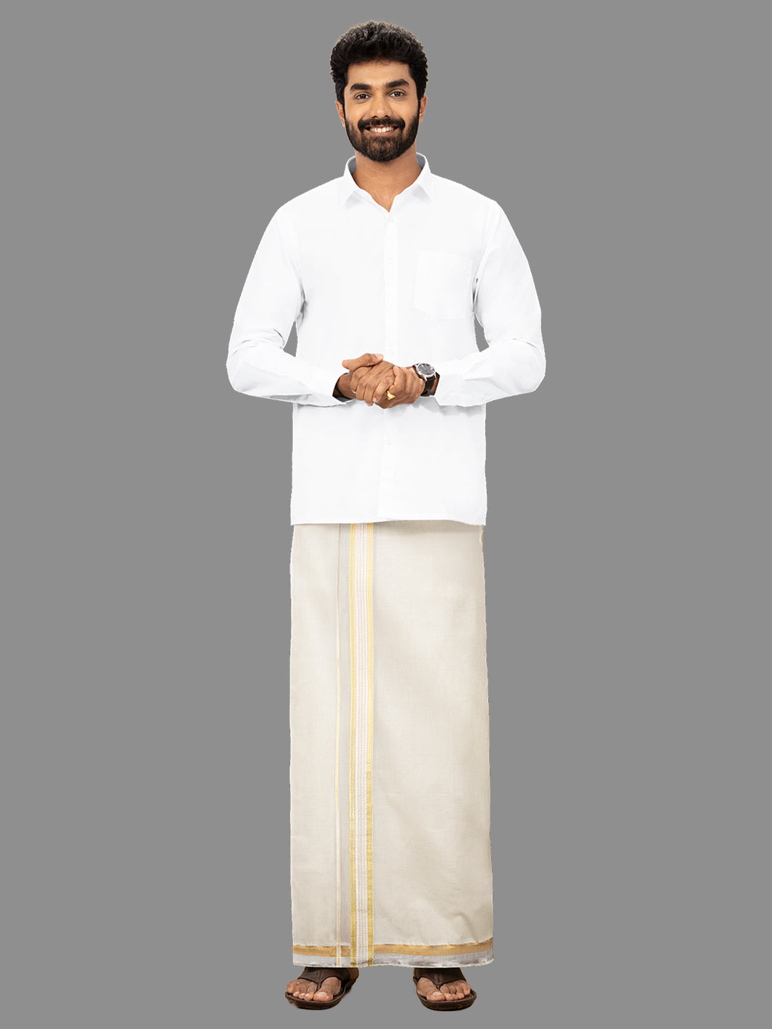 Mens Kora Double Dhoti Gold Jari Border Gold Crown 5435 GC01