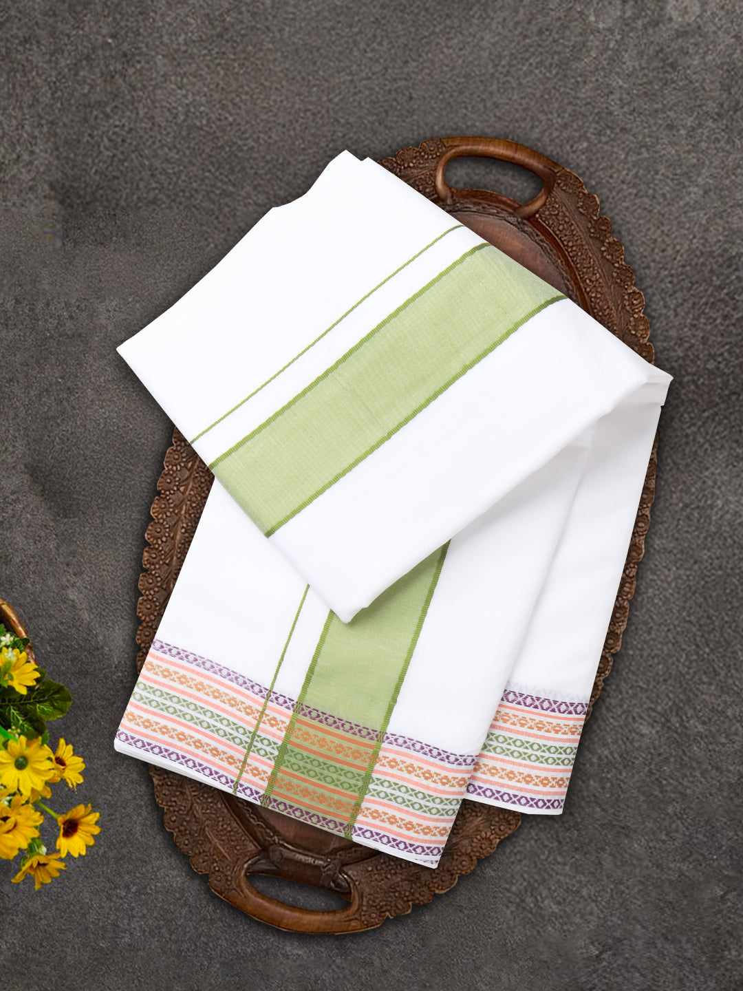 Men Cotton Green Fancy Border Panchakacham with Angavasthram Srirasthu(9+5) SR50