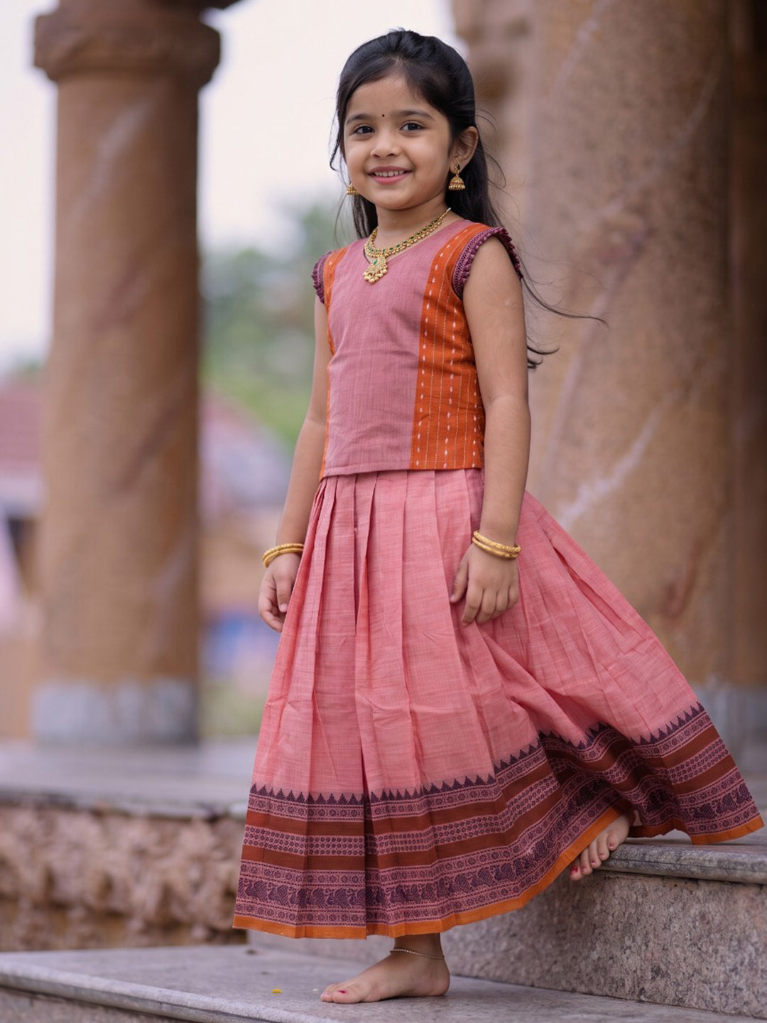 Girls Cotton Lilac with Brown Pattu Pavadai Set GPS51