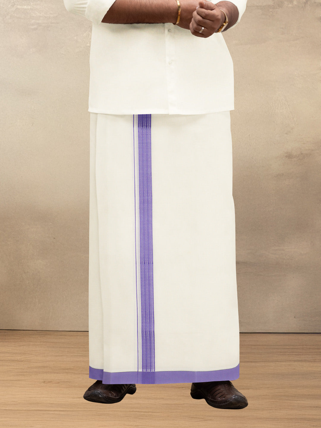 Men Kora Cotton Double Layer Dhoti with Purple Fancy Border VKF15