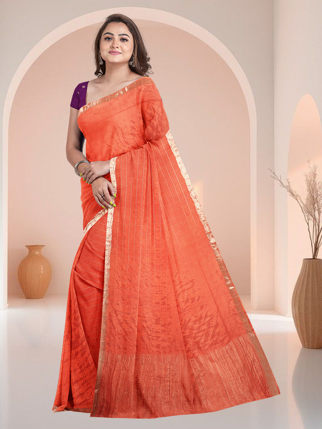Women Orange Semi Silk Saree SS345