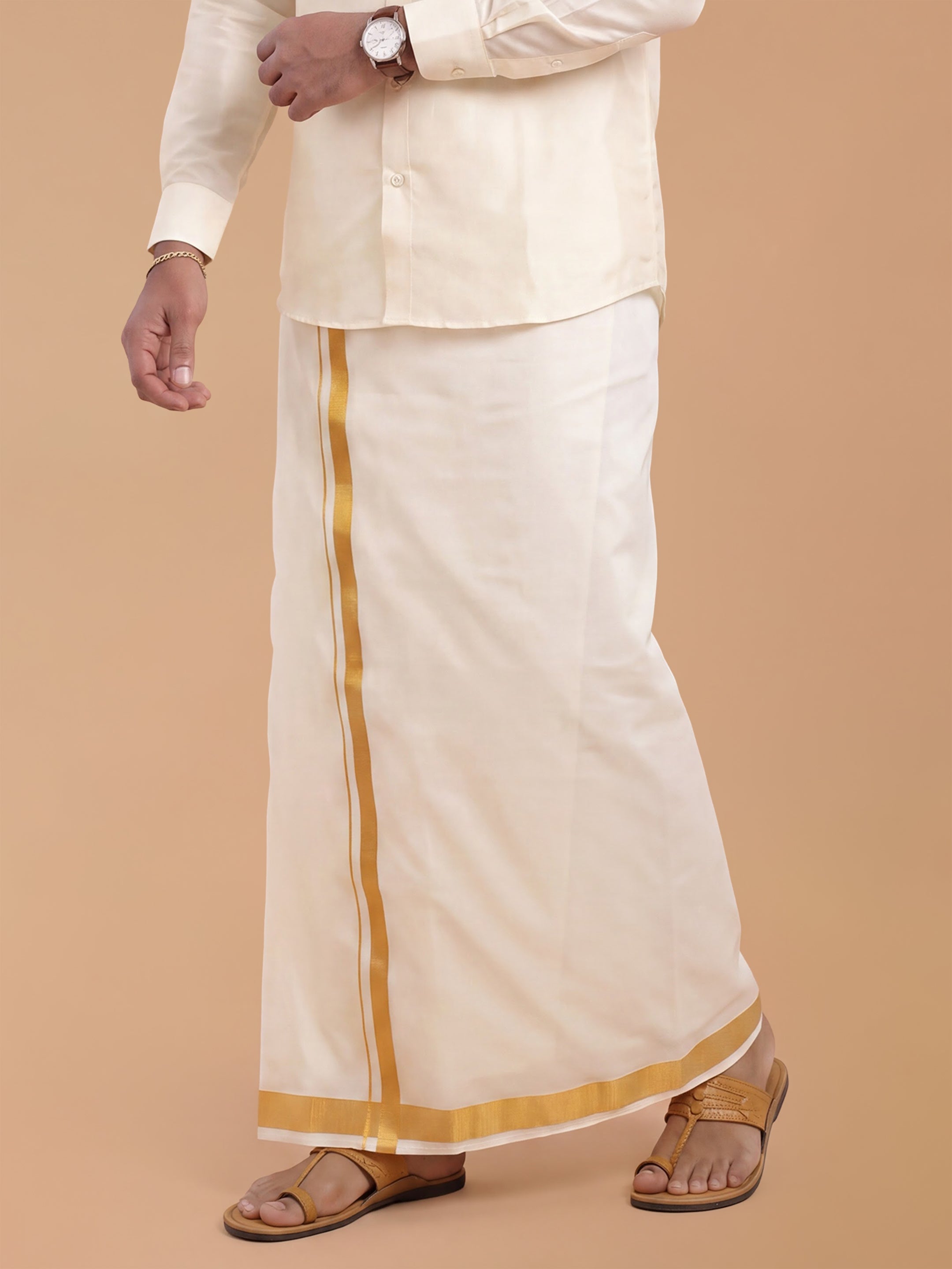Silk Cream Double Dhoti 1" Gold Jari Border Suba Vivaga