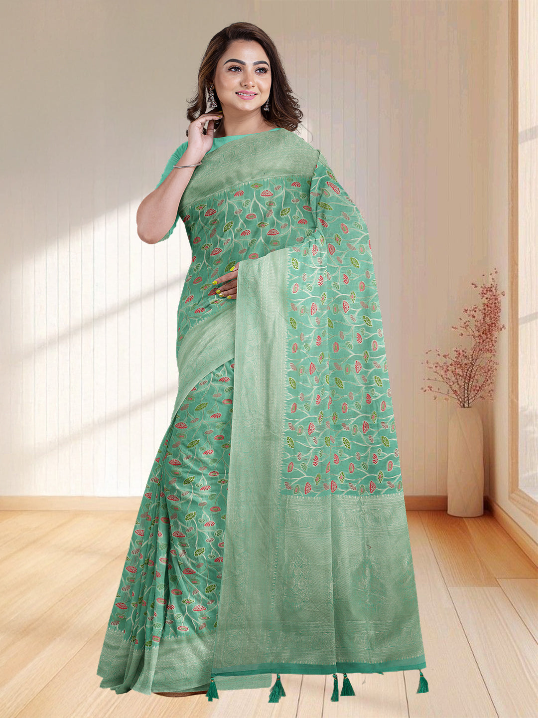 Women Green Art Silk Embroidered Saree ASS35