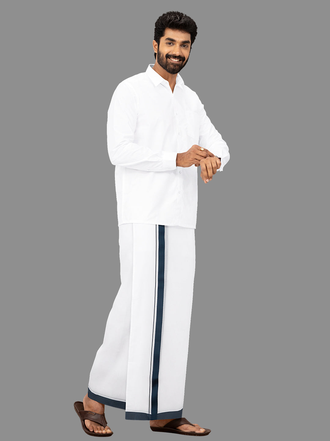 Men Navy Fancy Border Double Dhoti White Panchami Spl