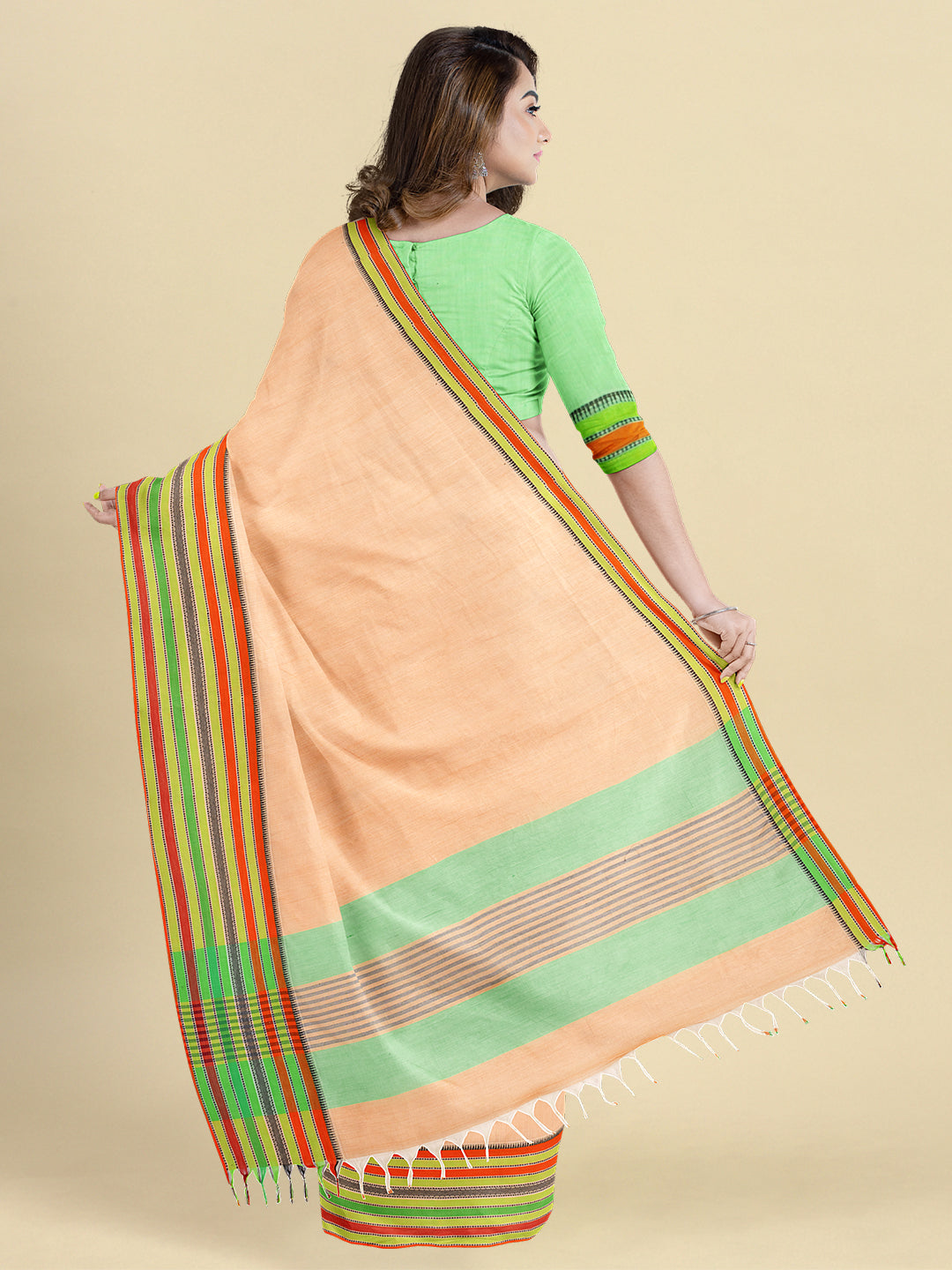 Womens Pure Cotton Plain Orange with Green Colour Border Saree PCS18
