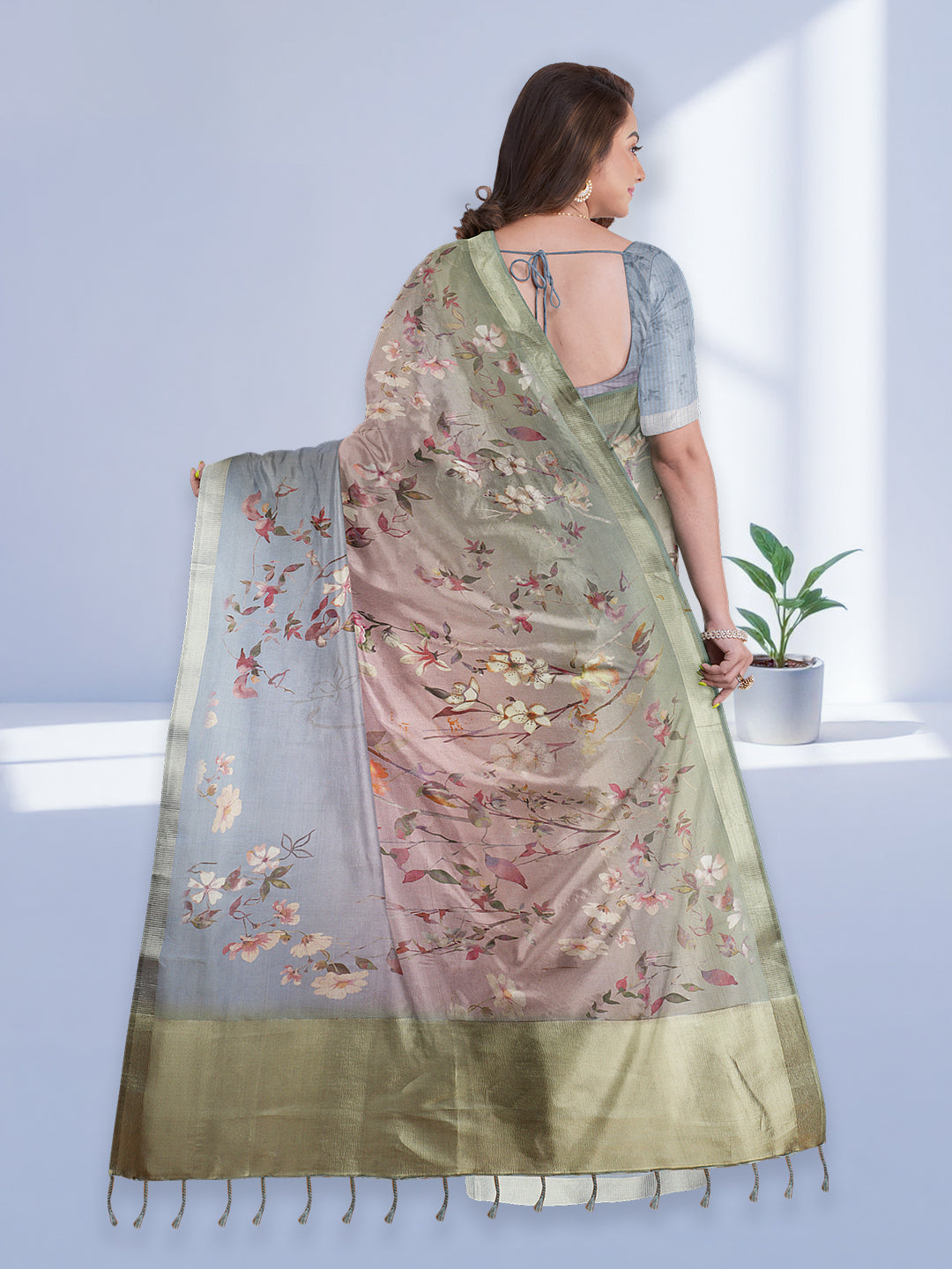 Women Purple with Green Tissue Printed Saree TS47