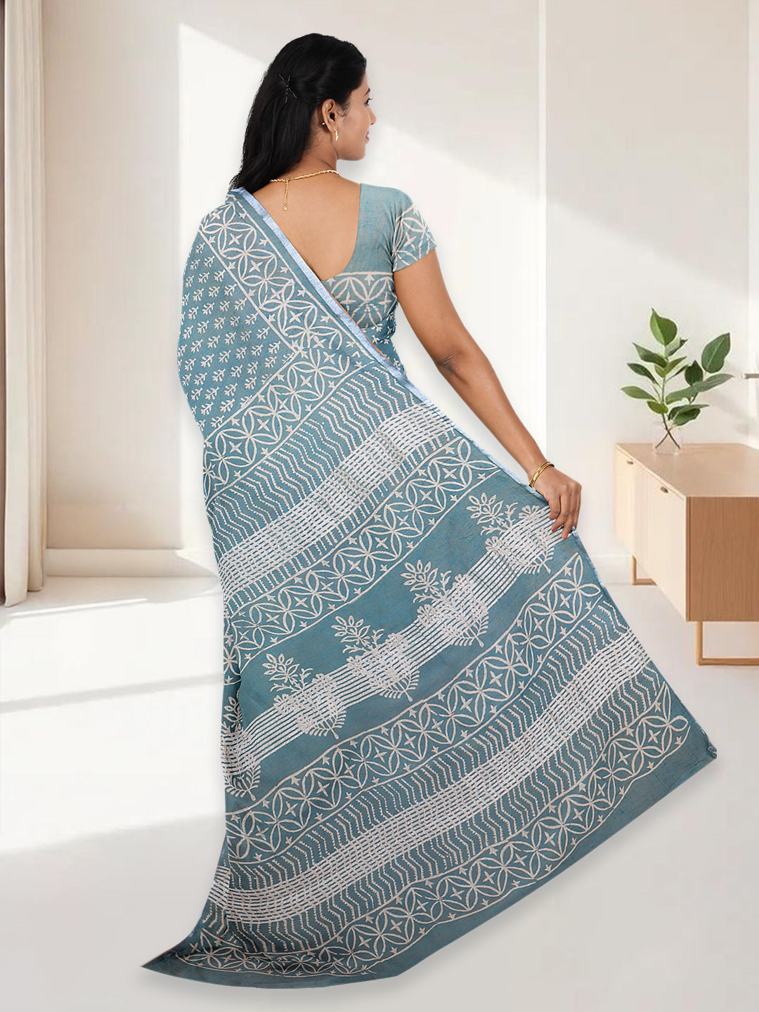 Women Teal Blue Semi Tussar Printed Saree ST304